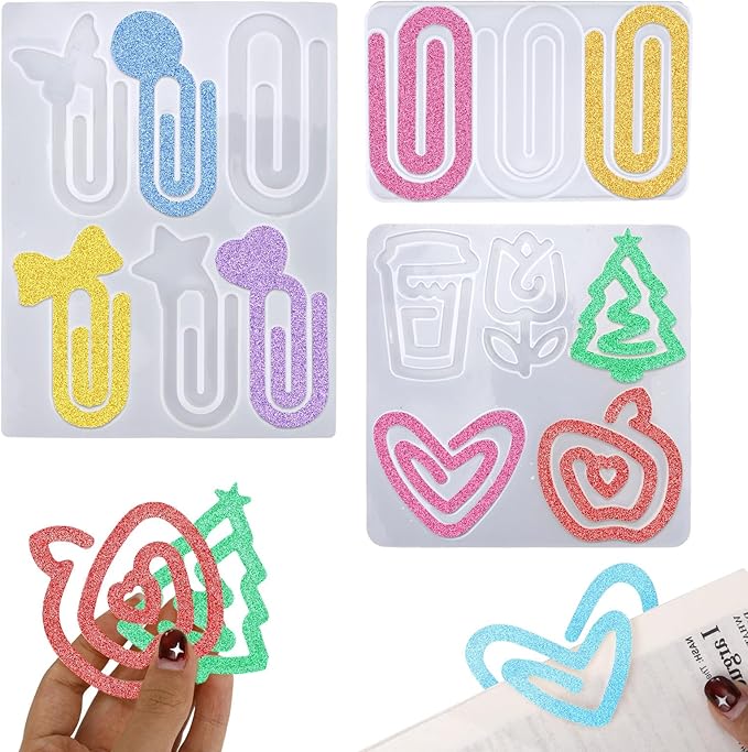 3pcs Paperclip Bookmarks Mold, Jumbo Paper Clips Bookmarks Silicone Mold with Multiple Style Epoxy Heart Resin Casting Mould Butterfly Making Supplies for DIY Crafts Book Lovers Gift