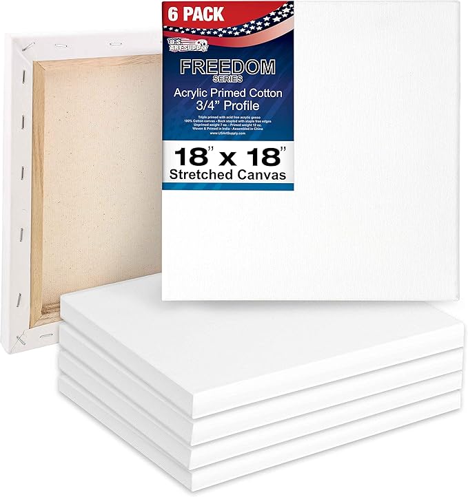 U.S. Art Supply 18 x 18 inch Stretched Canvas for Painting, 12oz Triple Primed, 6-Pack - Professional Artist Quality White Blank 3/4" Profile, 100% Cotton, Heavy-Weight Gesso - Acrylic Pouring, Oil
