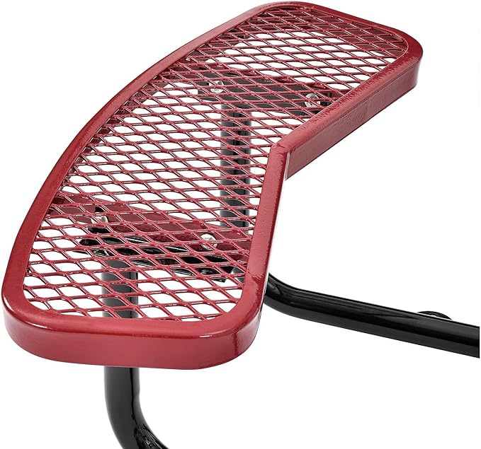 Global Industrial 46" Round Picnic Table, Expanded Metal, Red Thermoplastic Coating, Attached Benches, 1-1/2” Umbrella Pole Hole, Outdoor-Rated, 1000 lb Capacity