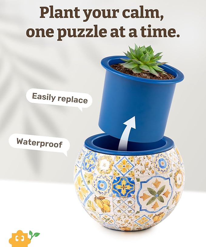 PieceRelax 3D Puzzle Planter - Retro Tiles - Danish Folklore Style, Home Decor Flower Pots for Indoor Cactus, Succulents Pots [K1104]