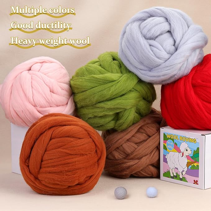 QMNNMA Wool Roving 0.88 lb (14.1 Ounces), Colored Natural Wool Roving for Spinning, Soft Chunky Yarn for Wool Felting, Felting Pad, Felting Supply, Wool Yarn Bulk, Carded Stuffing