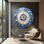 My Photostation.com 27.5''(70cm) Diameter Coastal Sunburst Beige & Blue Round Glass Wall Art Tempered Glass Printing Wall Decor Large Wall Art Wall Hangings