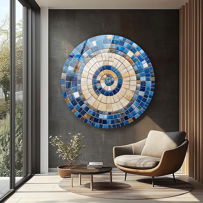 My Photostation.com 27.5''(70cm) Diameter Coastal Sunburst Beige & Blue Round Glass Wall Art Tempered Glass Printing Wall Decor Large Wall Art Wall Hangings