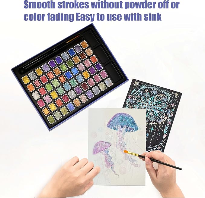 Mini Shimmer Watercolor Paint Set, 60 Colors Glitter Metallic Watercolour Painting Sets, Solid Pearl Water Color Paints for Artists, Amateur Hobbyists and Painting (60 Colors)