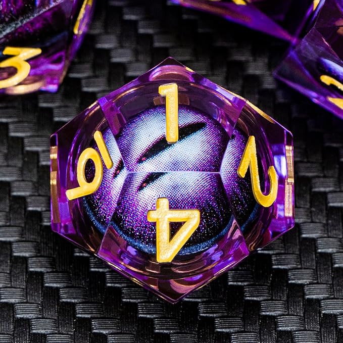 ARUOHHA DND Resin Dice Dragon Eye Dice Liquid Core Purple Sharp Edged Dice Set with Gift Box, Dungeons Polyhedral D and D Dice Set Compatible with D&D Role Playing Game D20 D12 D10 D8 D6