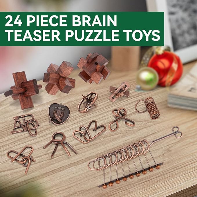 24 Pcs Brain Teaser Puzzles for Adults Teens - Metal Puzzles 3D Puzzle Game Toys for Adults Teens - Wooden Unlock Interlocking Puzzle Adult IQ Education Smart Toys