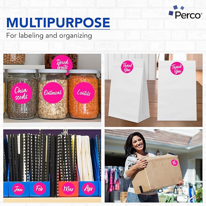 Perco Fluorescent Pink 3-Inch Round Circle Dot Sticker Labels - Multi-Roll Pack (3 Rolls, 500 Labels Each) - Permanent Adhesive, Vibrant Colors, Strong Hold - Perforated for Easy Use - Made in USA