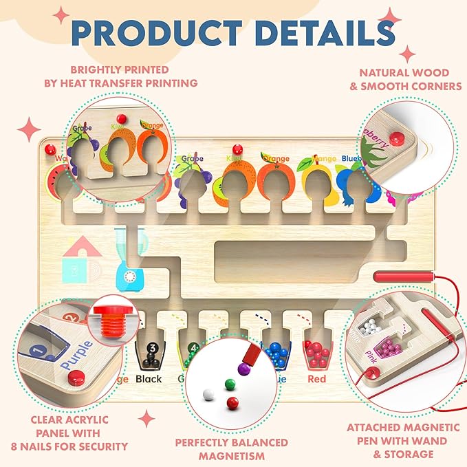 Magnetic Maze Board for Kids Age 3-5, Montessori Educational Wooden for All Toddlers 3 Busy Board, Preschool Learning Adventure, Fine Motor Skills, Fruits Colors Puzzle, Autism-Friendly Toy