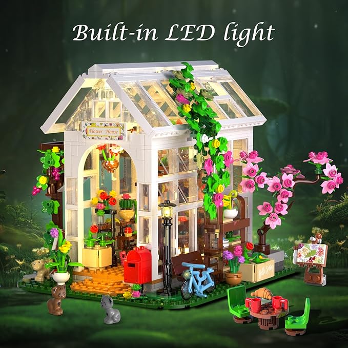 HOGOKIDS Flower House Building Set with LED Light - 1332 PCS Garden House Buiding Toy with Flowers Potted Plants Parrot Cat Animals Playset Greenhouse Model Xmas Gift for Adults Teens Girls Ages 8+