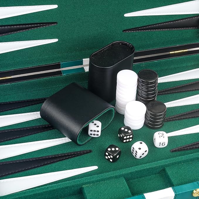 Backgammon Set 2 Players Classic Backgammon Sets for Adults Board Game with Black PU Leather Case Portable and Travel Backgammon Set (Green, 15inch)