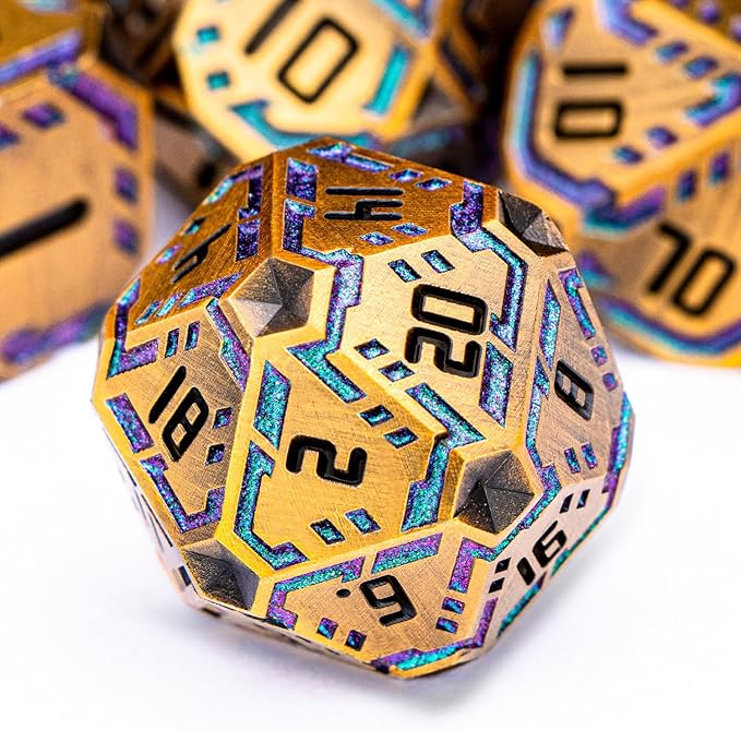 Metal DND Sci-fi Dice Set 7PCS Stripe Polyhedral Dice for Dungeons Dragons RPG Role Playing Game, Glitter D and D Dice with Gift Box D6 D8 D10 D12 D20 (Ancient Gold&Green Purple)
