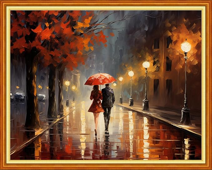 DMCVIVR Stamped Cross Stitch Kits for Adults Beginners Embroidery Kits 11CT Needlepoint Kits Cross Stitch Patterns Embroidery Patterns-Lovers Rainy Night Strol 16x20 inch
