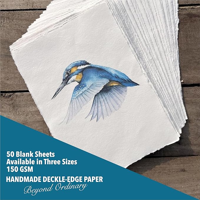 Wanderings Handmade A6 Cream Mixed Media Paper with Deckle Edge - 4x6-150 GSM -Colored Cold Press Textured Paper Made with Recycled Cotton for Crafts Card Making Sketching Watercolor - 50 Sheets