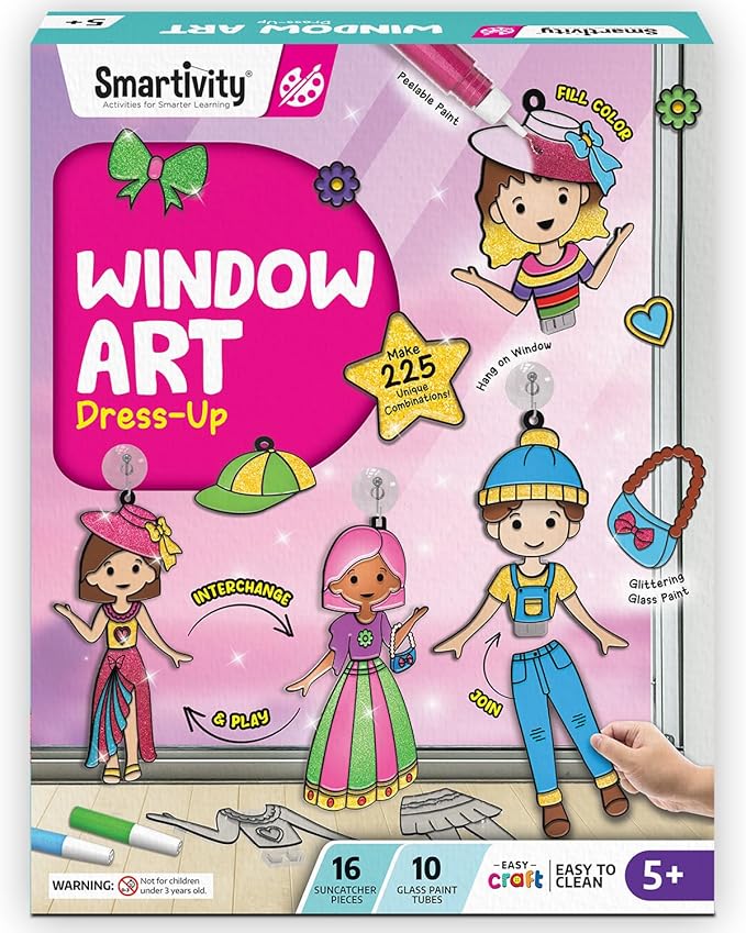 SmartCraft Window Art Fashion Kit with 225 Unique Combinations for Girls 5 to 10 Years Old | Glass Painting Kit | Birthday Gift for 5, 6, 7, 8, 9, 10 | Sun Catcher Art & Craft Activity Kit
