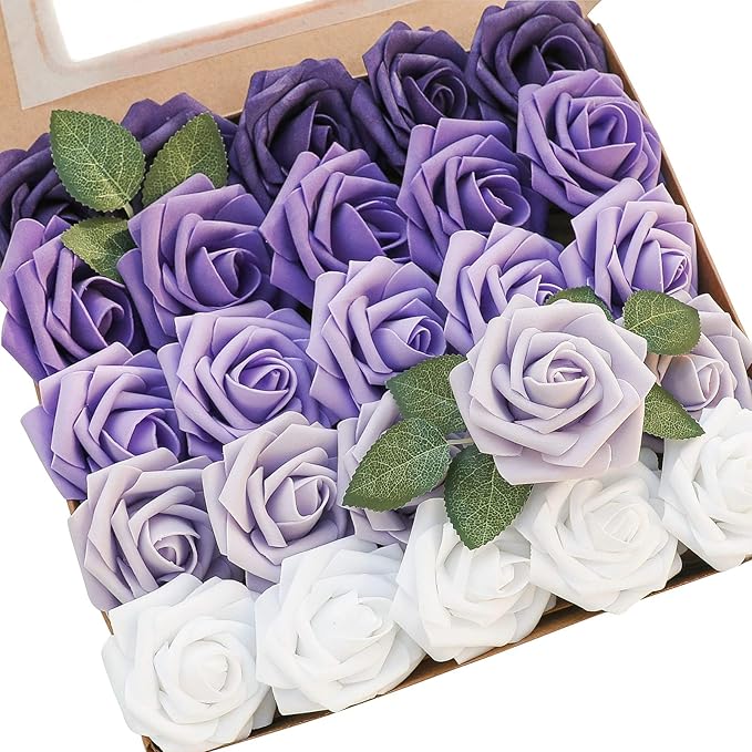 Floroom Artificial Flowers 25pcs Real Looking Violet Purple Ombre Colors Foam Fake Roses with Stems for DIY Wedding Bouquets Bridal Shower Centerpieces Party Tables Home Decorations
