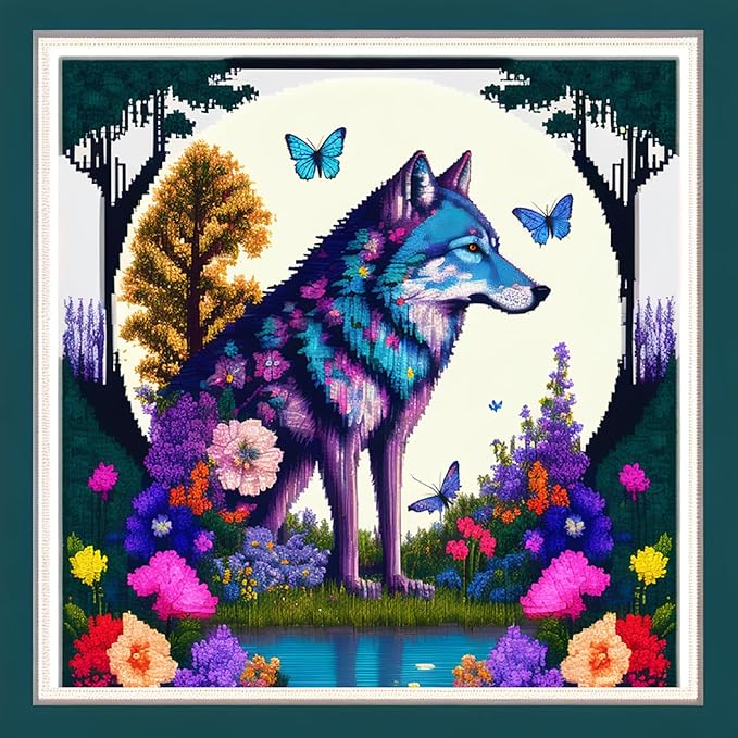 Joyhoor Cross Stitch Kits for Beginners Stamped Cross-Stitch Supplies Needlework preprint Embroidery Kits for Adults DIY Needlepoint Kits Embroidery Patterns 11CT-Wolf Butterfly 17.7x17.7 inch