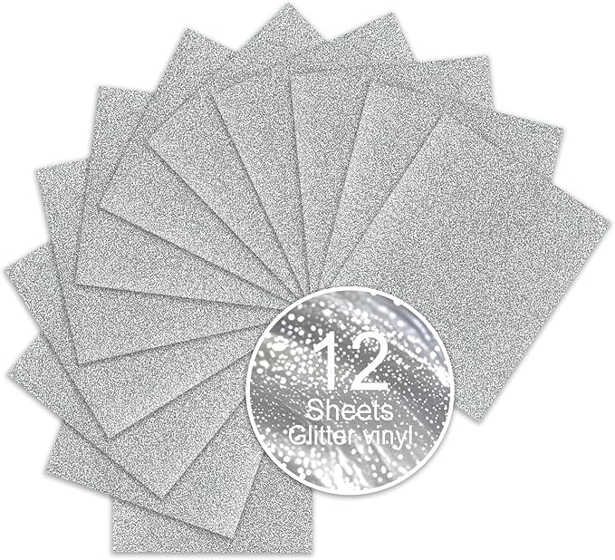Silver Glitter Heat Transfer Vinyl, 12 Pcs 12"x10" Iron-On Vinyl Sheets – Easy to Cut & Weed, No-Flake, Washable Glitter HTV, Compatible with Cricut & Silhouette – Great for DIY Summer Projects
