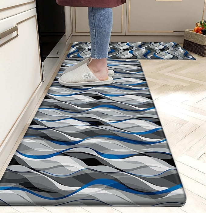 Kitchen Mats for Floor Modern Abstract kitchen rugs Grey and Blue Stripe Anti Fatigue Kitchen Mats Waterproof Floor Mats Cushioned Non-Skid Standing Mats for Kitchen, Set of 2,17.3 x 28+17.3 x 47