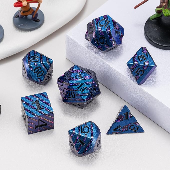 Metallic Glitter Stripes D&D Dice Set,7 PCS Polyhedral Dice Set with Gift,RPG Metal Dice Set Dungeons and Dragons Tabletop Game (Blue+Light Purple)