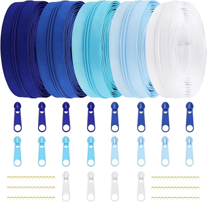 DOITEM 15.3 Yards/ 14 m 5 Pieces Assorted Colors #3 Nylon Coil Zippers, Sewing Zippers Endless Zips with 20 Pieces Zipper Sliders Zip Heads for DIY Sewing Tailor Craft Supplies (Blue White)