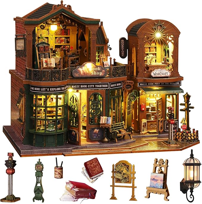 DIY Dollhouse Miniature House Kit,DIY Kit Mini House Model Comes with dust Cover and Music Box, Best Christmas Birthday Gift for Lovers Boys and Girls（Twilight Book City
