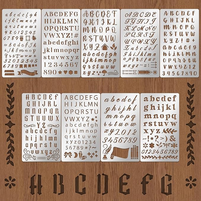 9PCS Metal Stencils Wood Burning Stencil Metal Letter Stencil Alphabet and Number Stencils for Journaling Engraving Templates for Wood Carving Drawing Scrapbooking Journal Craft DIY
