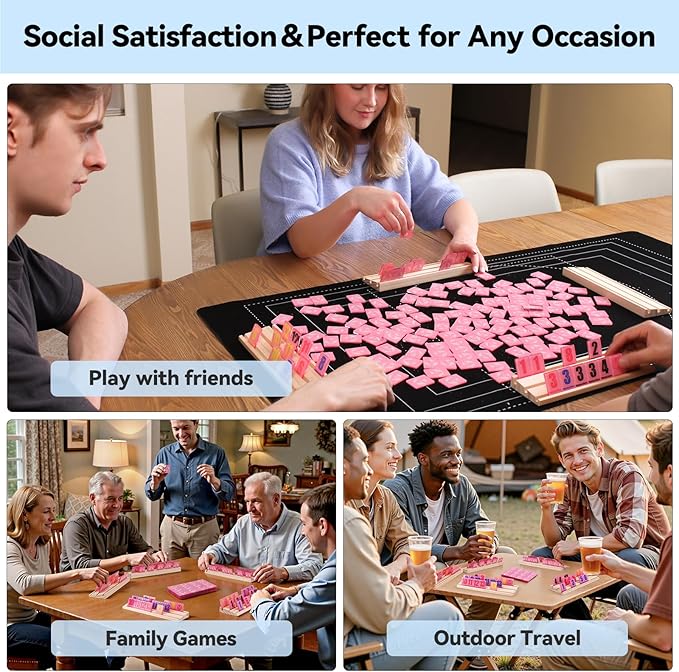 Rummy Cube 6 Player Edition with 6 Wooden Racks 160 Acrylic Tiles (1.5'') Rummy Game with Bag 6 Player Travel Size Rummy Game Large Number Rummy Tiles Game Set for Family Classic Board Games (Pink)