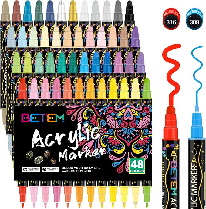 Betem 48 Colors Dual Tip Acrylic Paint Pens Markers, Premium Acrylic Paint Pens for Halloween Decorations, Wood, Canvas, Stone, Rock Painting, Glass, Ceramic Surfaces, Pumpkin Painting Kit DIY Crafts