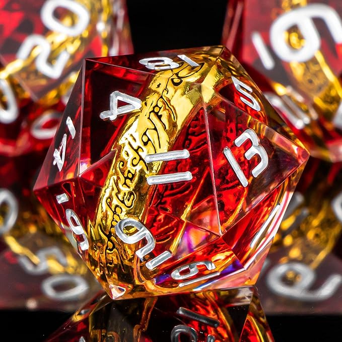 OUKELANWO Magic Lord Rings DND Dice Set with Box, 7Pcs Resin LOTR D&D Dice Set for Role Playing Game, Red Dungeons Dragons D and D Sharp Edge Dice D20 D12 D10 D8 D6 D4