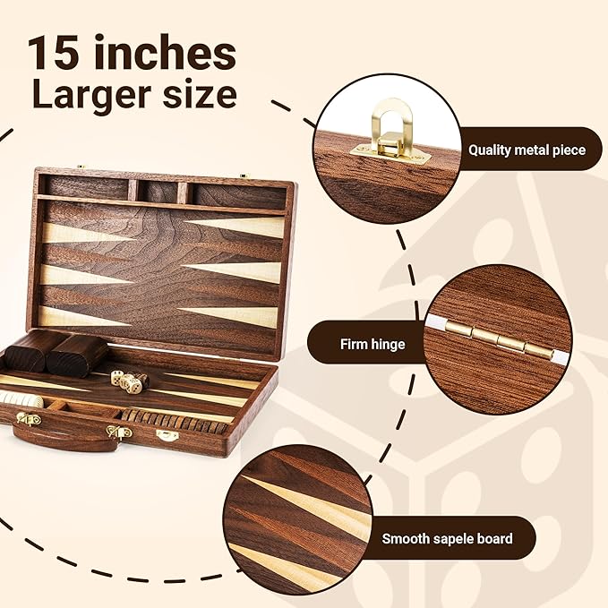 ropoda Sapele Wood Backgammon Board Game Set (15 Inches) for Adults and Kids - Classic Board Strategy Game - Portable and Travel Backgammon Set with Wooden Playing Pieces and Accessories