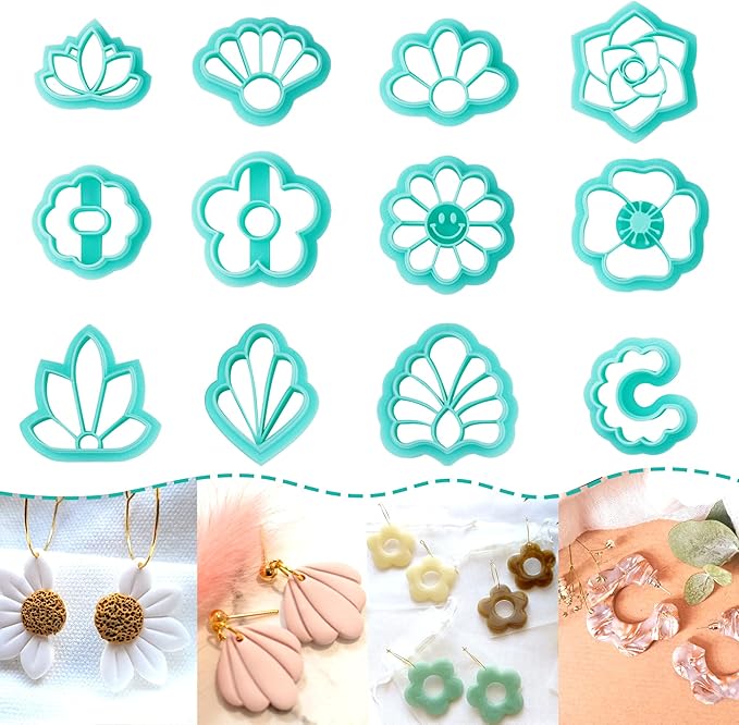 TAINSKY Flower Shape Polymer Clay Cutters Set, 12 Shapes Clay Earrings Cutters for Polymer Clay Jewelry, Plastic Clay Earring Cutters for Polymer Clay Jewelry Making