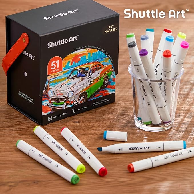 Shuttle Art 51 Colors Alcohol Markers, 50 Colors Dual Tip Art Marker Set Plus 1 Colorless Blender with Marker Case Perfect for Illustration Students Adult Coloring Sketching