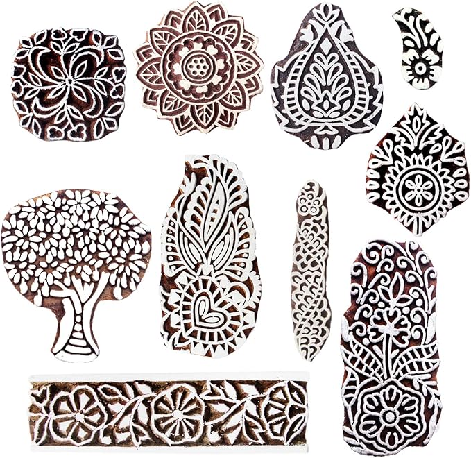 Royal Kraft Wooden Stamps for Block Printing on Saree Border, Textile, Clay, Pottery, Tattoo (Set of 10) MXtag0005