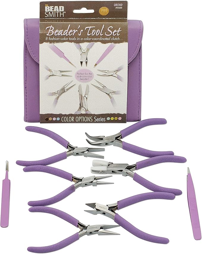 The Beadsmith Fashion Color Pliers – Set of 8 Slimline Color-Coordinated Tools – Matching Clutch in Orchid – Jewelry Making Supply Kit to Create Necklaces, Bracelets, Earrings & More
