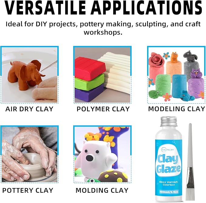CALPALMY 100ml Gloss Air Dry Clay Glaze with 29pcs Clay Tools Kit – Clay Varnish Sealant for Surface Protection, Pottery and Sculpting Tools for Carving, Shaping, and Molding Crafts