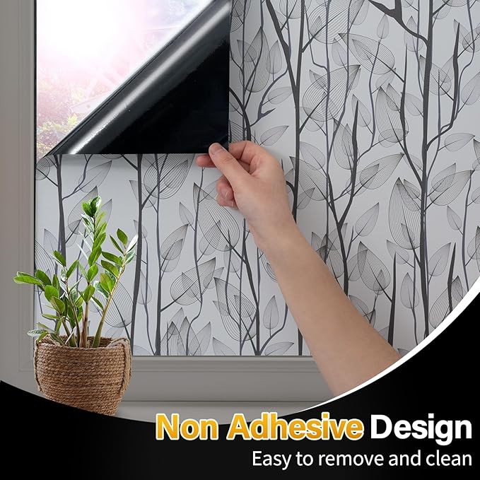 Leaf Pattern Window Tint with Installation Tools, Blackout Window Cover, Sun Blocking Window Tint for Home (Full Blackout Opaque, 17.7'' x 118.1'')