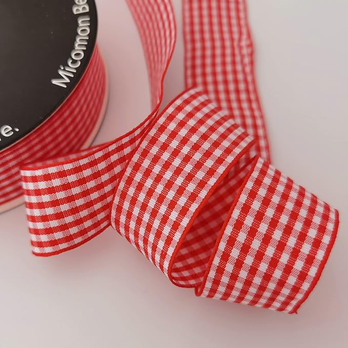 1 Inch Red and White Woven Edge Gingham Ribbon 25 Yards Each Roll 100% Polyester (1", red)