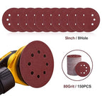 S SATC 150 PCS Sanding Discs 80 Grit Hook and Loop 5 Inch 8 Hole Adhesive Sandpaper for Woodworking and Automotive
