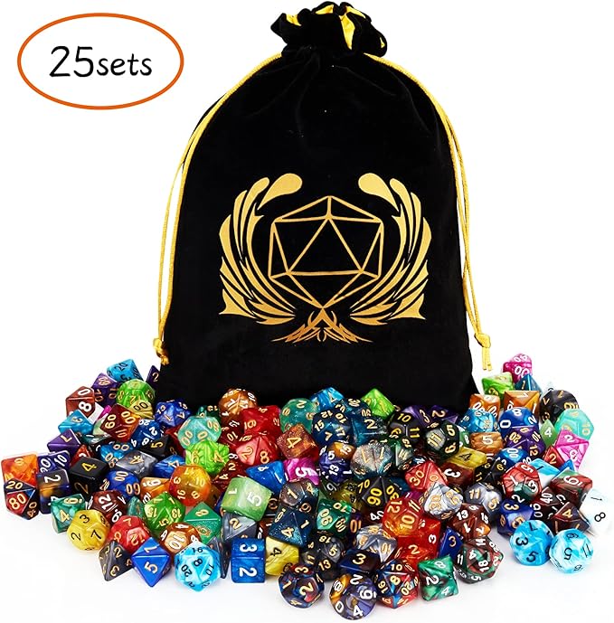 Coyeekn DND Dice Set, 25 x 7 (175 Pieces) Polyhedron Dice 25 Colors Dice for Dungeons and Dragons Tabletop Role-Playing Games with 1 Large Flannel Bag