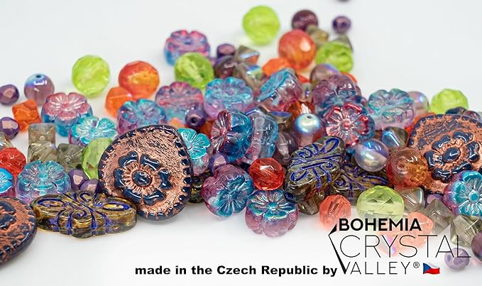 2.1oz (60 g) Mix of Unique Czech Bohemia Glass Pressed Beads, Crazy Purple Green Copper, Table Cut, Matte and Glossy, Faceted Fire Polish, Hand Made Set Kit BCV