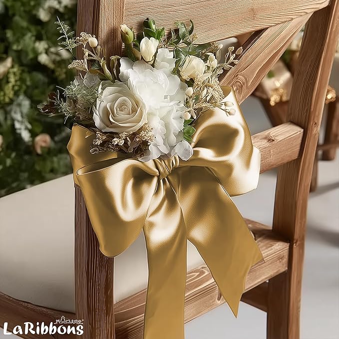 LaRibbons Pale Gold Satin Ribbon 4 Inch 10 Yards Double Faced Luxury Pale Gold Silk Ribbon for Gift Wrapping Flower Bouquets Bow Christmas Wedding Party Decoration