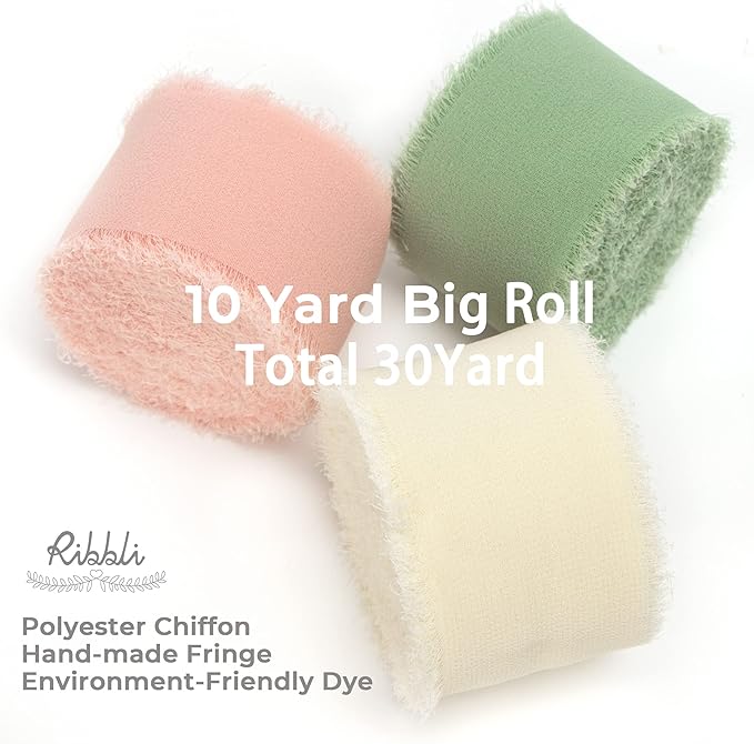 Ribbli Chiffon Ribbon 1.5 inch x 30 Yard Handmade Silk Ribbon, Ivory/Blush Pink/Sage Green Fringe Chiffon Ribbon for Wedding Invitations, Bridal Bouquets Wrapping, Flower Arrangement Decoration
