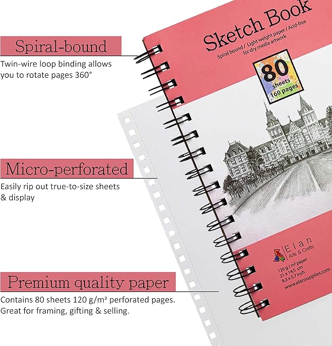 Elan A5 Sketchbook, 80 Sheets Italian Paper 80 lb/120 GSM, Acid-Free Sketch Book 8.3x5.8 Inch, White Drawing Paper Pad, Spiral Bound Sketchbook A5