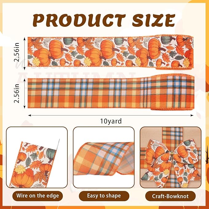 2 Rolls Fall Pumpkins Ribbons for Bows, Thanksgiving Wired Edge Burlap Ribbon Autumn Maple Leaves Plaid Ribbons for Gift Wrapping Thanksgiving Decoration Supplies