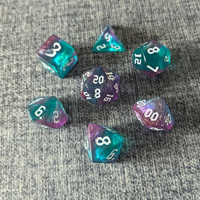 DND RPG Dice Set, Nebula Polyhedral Dice for Dungeons and Dragons, Mystery 7-Piece Set (Green Purple)
