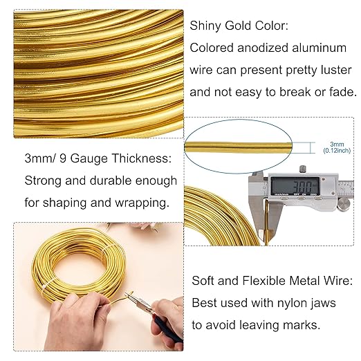 Fashewelry 82 Feet 9 Gauge Round Aluminum Wire 3mm Golden Bendable Metal Craft Wire for Beading Jewelry Craft Making 25m Long