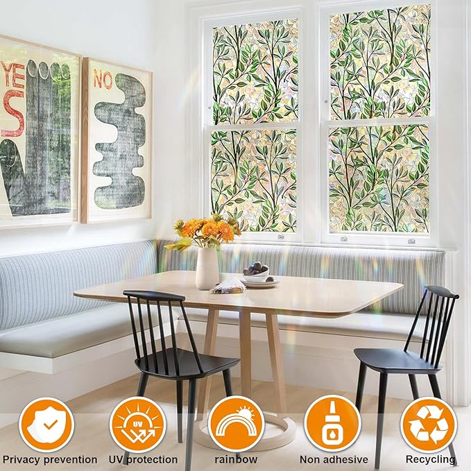 Window Privacy Film Stain Glass Window Film Rainbow Window Film Window clings Non-Adhesive Reusable Decorative for Room (Leaf Rainbow, 35.4 x 157.4 in)