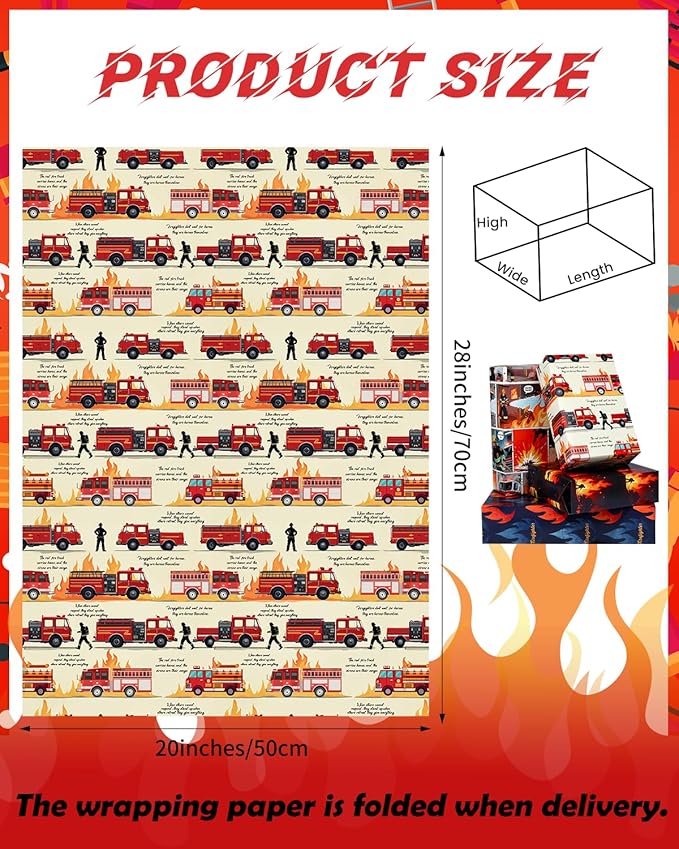 Pineraap 12 Sheets Firefighter Themed Wrapping Paper, Fire Safety Gift Wrap for Firefighter, Folded Flat Art Paper for Birthday Parties, Fireman Theme Favors, Thank You & Appreciation,19.7 x 27.6 Inch