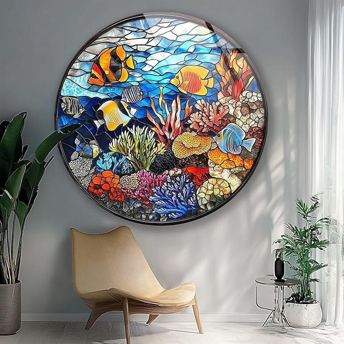 My Photostation.com 15.8''(40cm) Diameter Coral Reef Mosaic Round Glass Wall Art Tempered Glass Printing Wall Decor Large Wall Art Wall Hangings