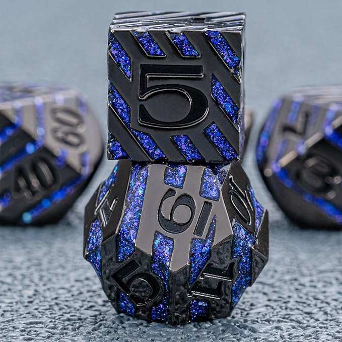 Anitque Metal Dice D&D,Metal Glitter Stripe Dice 7pcs Set with Gift Case,Polyhedral Dice for Role Playing Game (Black Nickel Dark Purple)